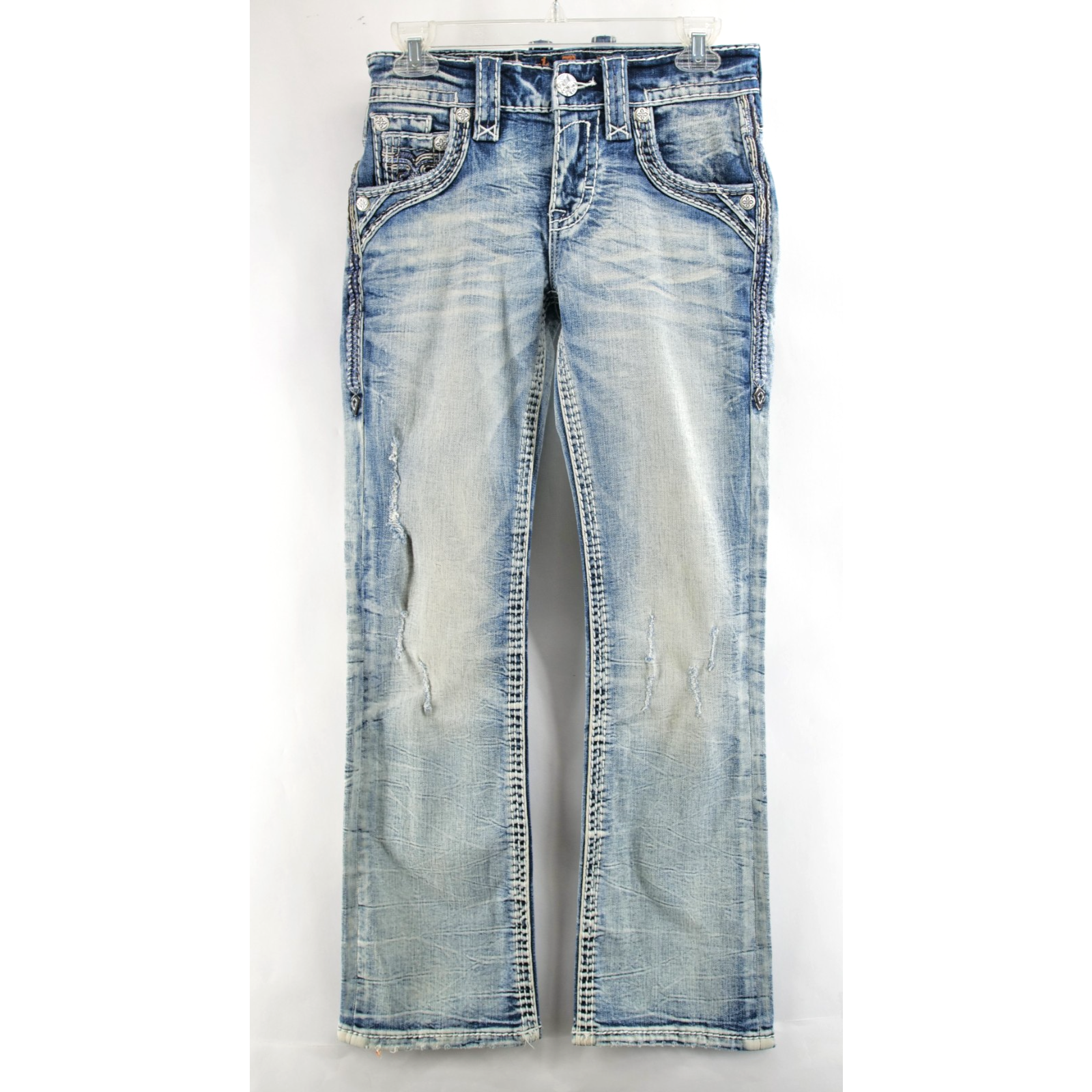 Rock Revival Nash Slim Boot Cut Distressed Light Blue Jeans Mens 28x29 Nwot